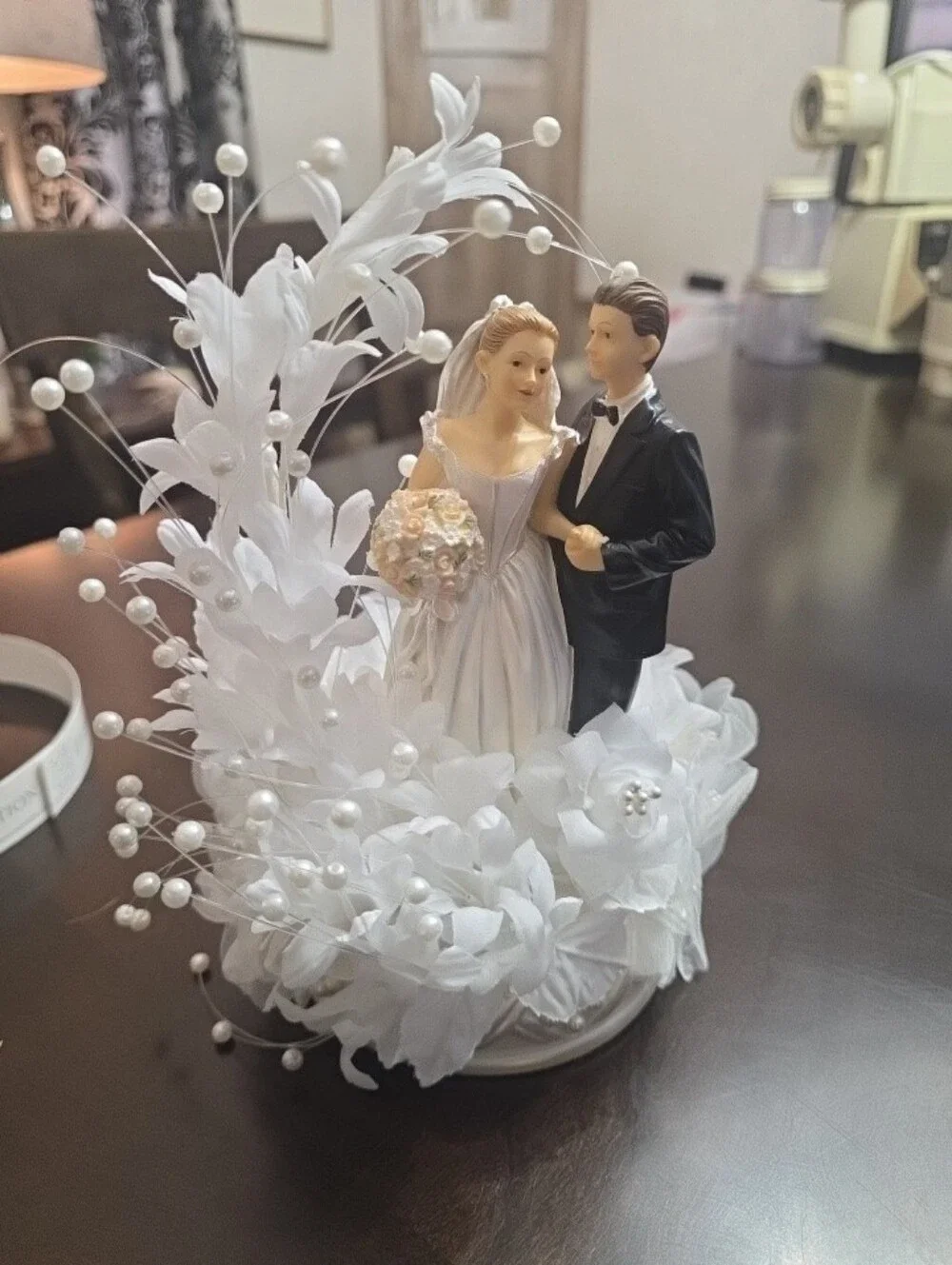 White Bride and Groom Wedding Cake Topper with Pearl Floral Accents